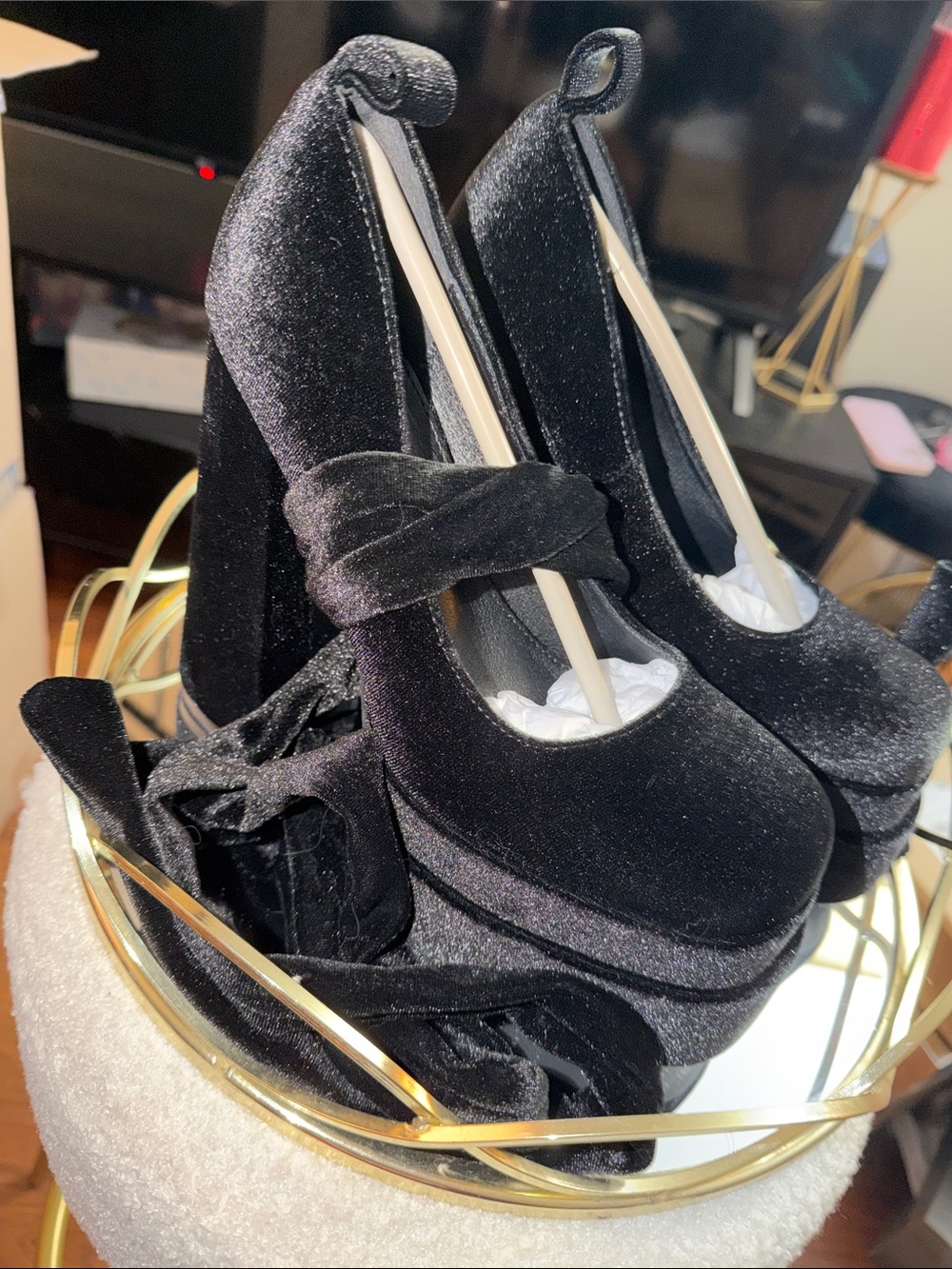 Women's Black Velvet Platform Heels with strap up Tie